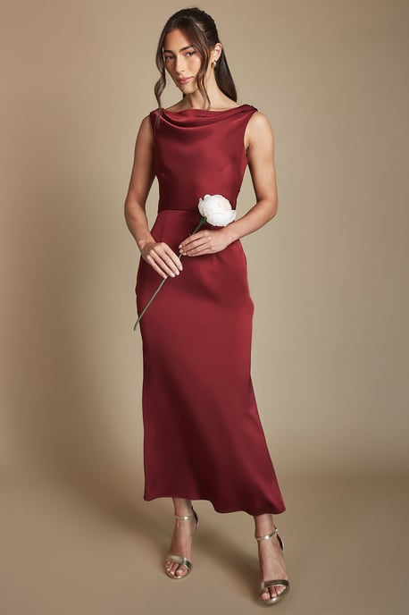 Wine Cowl Neck Open Back Midi Bridesmaid Dress - Image 5