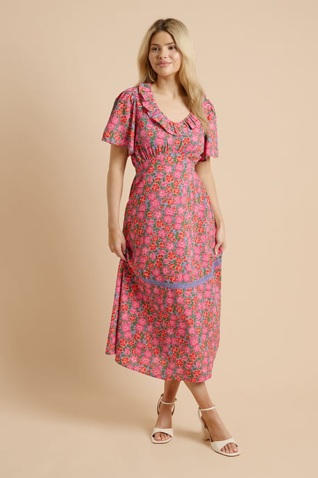 Multi Angel Sleeve Frill Neckline Lace Trim Midaxi Dress - Image 2