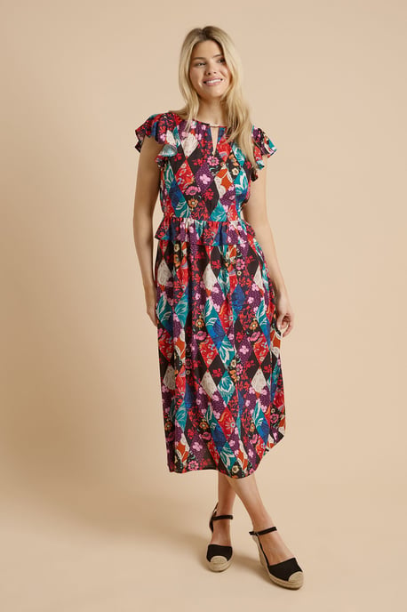 Patchwork Floral Keyhole Flutter Sleeve Midi Dress - Image 1