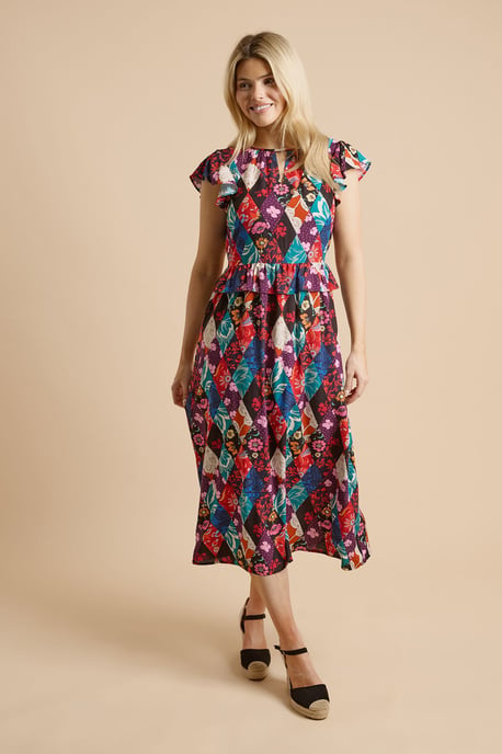 Patchwork Floral Keyhole Flutter Sleeve Midi Dress - Image 2