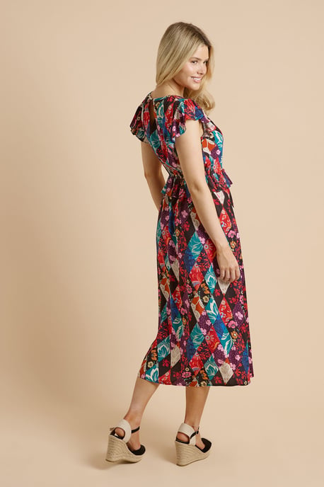 Patchwork Floral Keyhole Flutter Sleeve Midi Dress - Image 3