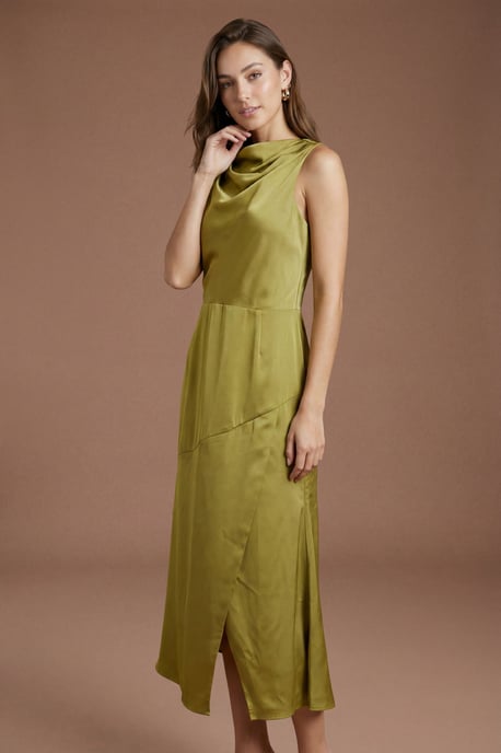Cowl Neck Sleeveless Satin Midi Dress - Image 1