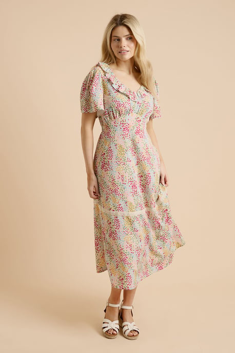 Pink Floral Angel Sleeve Frill Neckline Lace Trim Midaxi Dress - Image 2