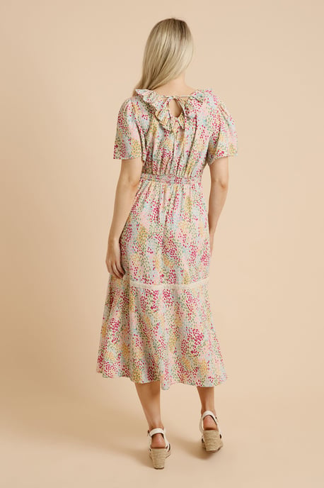 Pink Floral Angel Sleeve Frill Neckline Lace Trim Midaxi Dress - Image 3
