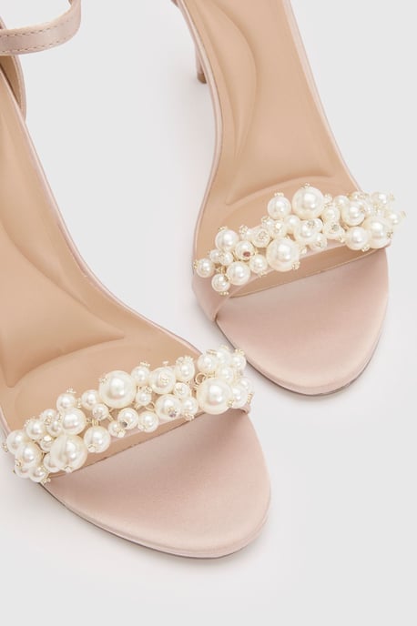 Ava Satin Pearl Trim Comfort Sock High Stiletto Heel Sandals - Image 5