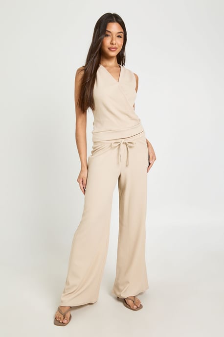 V Neck Wrap Over Deep Hem Top and Wide Leg Trouser Coord - Image 1