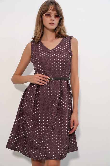 Polka Dot Belted Midi A-Line Dress - Image 1