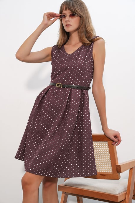 Polka Dot Belted Midi A-Line Dress - Image 2