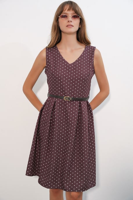 Polka Dot Belted Midi A-Line Dress - Image 3