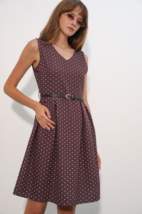 Polka Dot Belted Midi A-Line Dress - Image 4