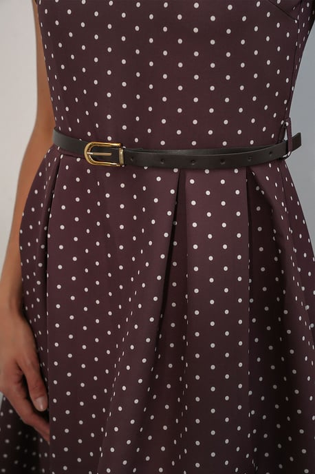 Polka Dot Belted Midi A-Line Dress - Image 5