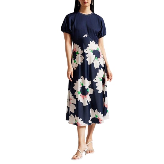 Ted Baker Midi-jurk met bloemenprint, A-lijn en pofmouwen voor dames (Donkerblauw) - Image 1
