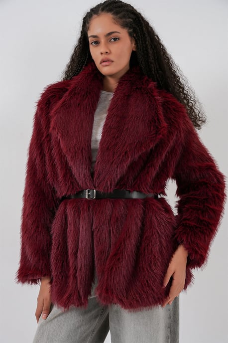 Long Oversized Faux Fur Coat With Belt - Image 1