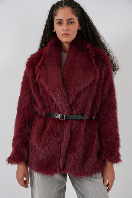 Long Oversized Faux Fur Coat With Belt - Image 5