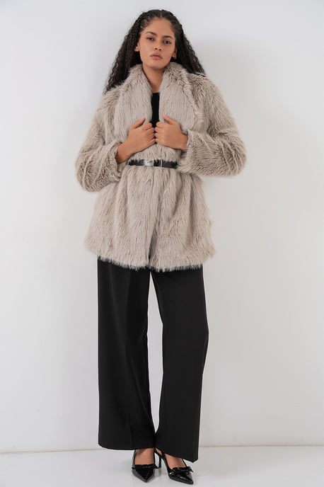 Long Oversized Faux Fur Coat With Belt - Image 2