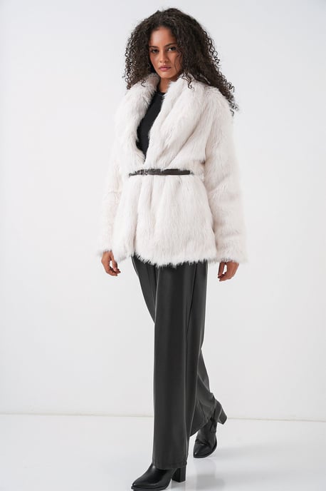 Long Oversized Faux Fur Coat With Belt - Image 2