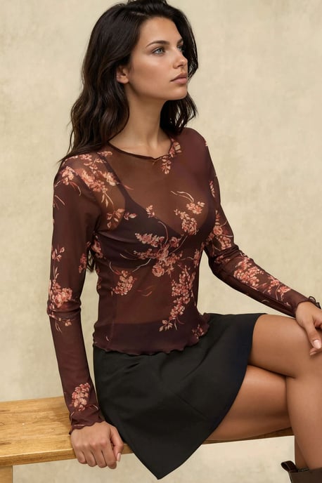 Patterned Long Sleeve Sheer Blouse - Image 2