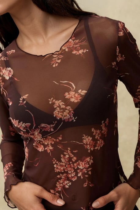 Patterned Long Sleeve Sheer Blouse - Image 4