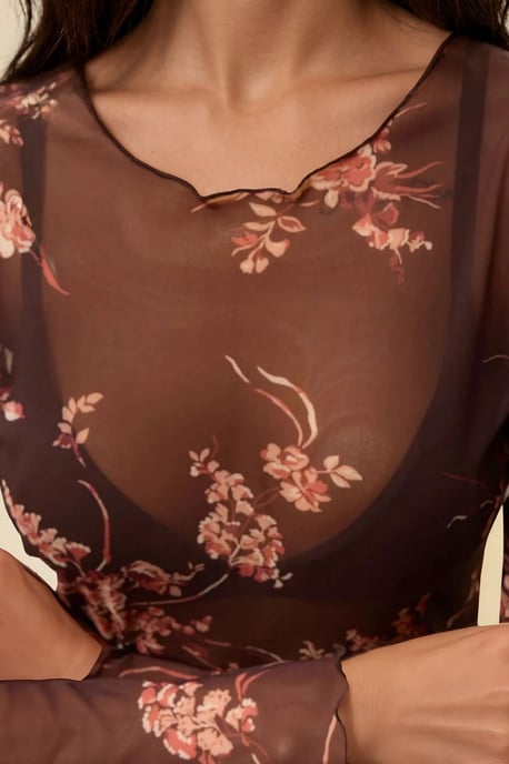 Patterned Long Sleeve Sheer Blouse - Image 6