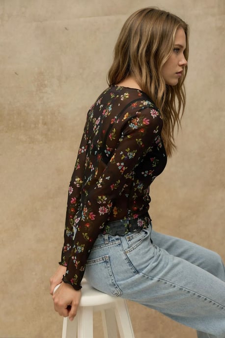 Patterned Long Sleeve Sheer Blouse - Image 2