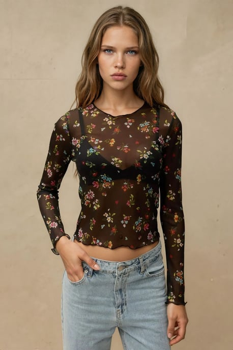 Patterned Long Sleeve Sheer Blouse - Image 4