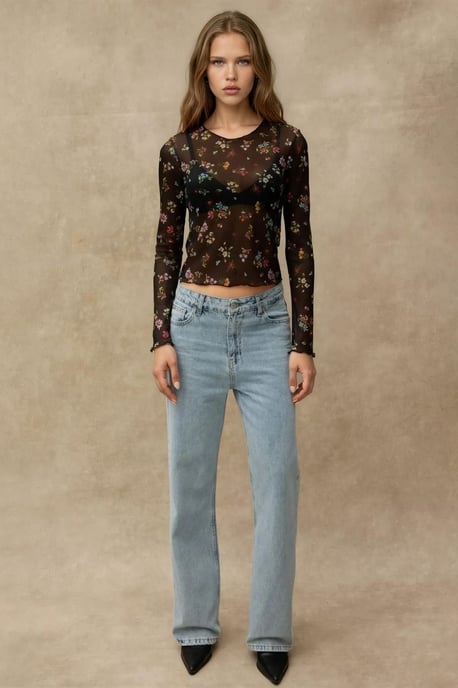 Patterned Long Sleeve Sheer Blouse - Image 6