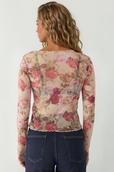 Patterned Long Sleeve Sheer Blouse - Image 3