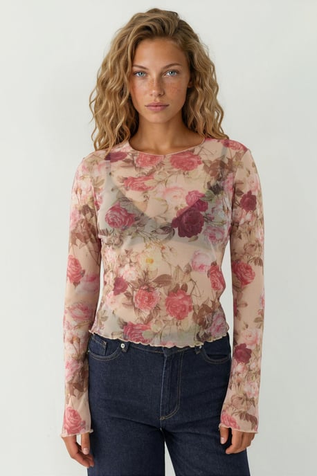 Patterned Long Sleeve Sheer Blouse - Image 6
