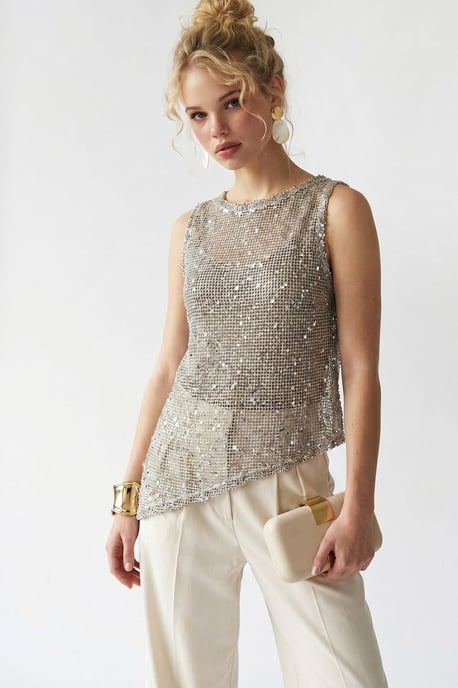 Sequin Sleeveless Crew Neck Blouse - Image 1