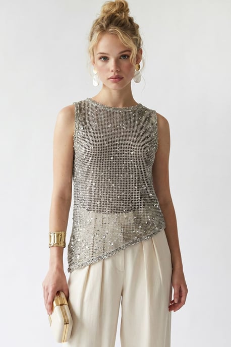 Sequin Sleeveless Crew Neck Blouse - Image 2