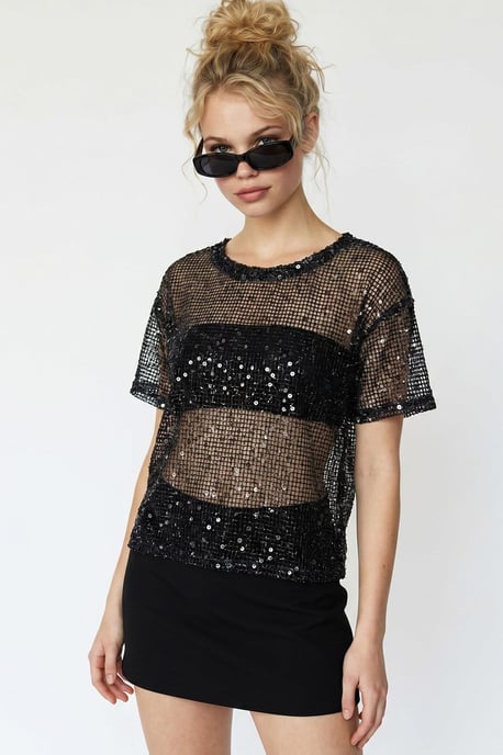 Pailletten Geweven Ronde Hals Blouse - Image 1