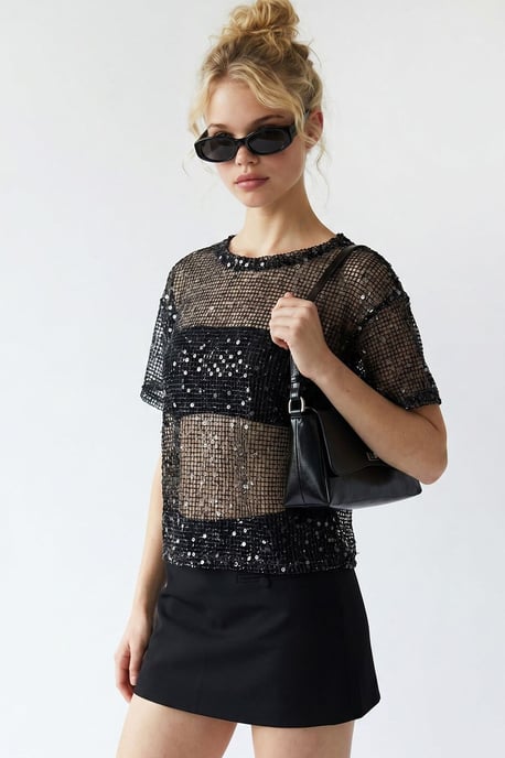 Pailletten Geweven Ronde Hals Blouse - Image 3