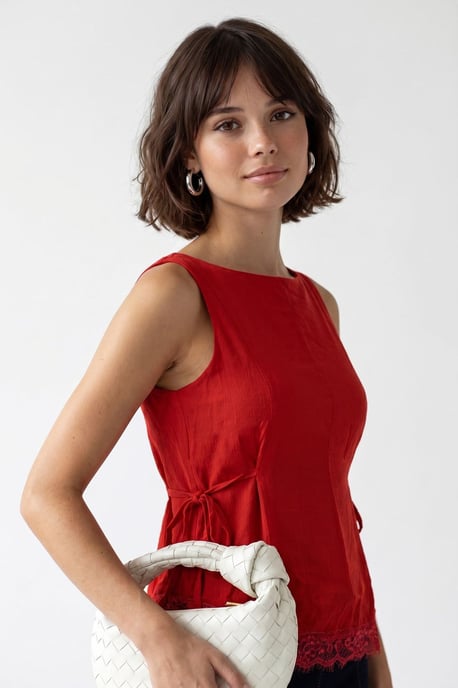 Ärmhälld Poplin Blus med Knytning framåt - Image 3