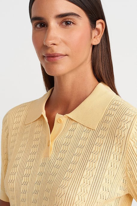 Textured Lace Knit Polo Blouse - Image 3