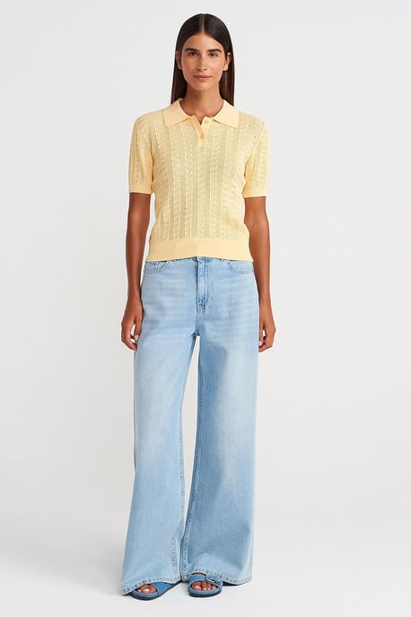 Textured Lace Knit Polo Blouse - Image 4