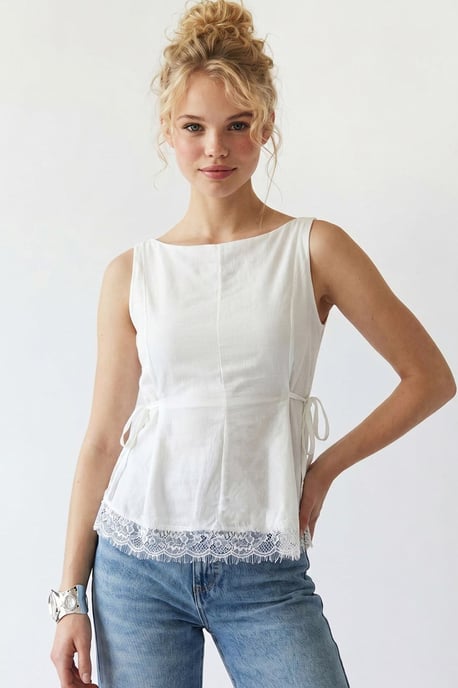 Ärmlös Poplin Blus med Knytdetalj - Image 1