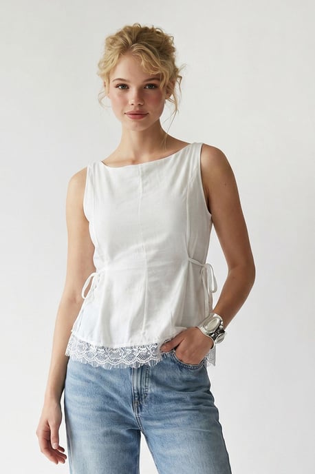 Ärmlös Poplin Blus med Knytdetalj - Image 2