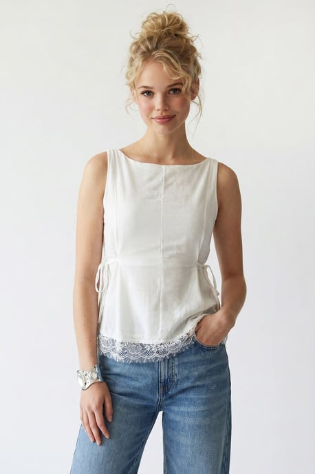 Ärmlös Poplin Blus med Knytdetalj - Image 3