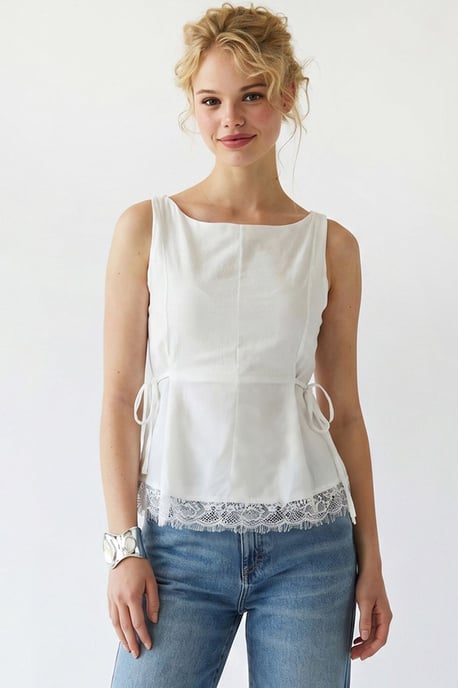 Ärmlös Poplin Blus med Knytdetalj - Image 4