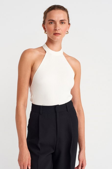 Ribbad Halterneck Slim-fit Blus - Image 1