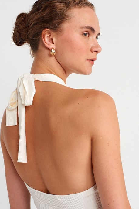 Ribbad Halterneck Slim-fit Blus - Image 4
