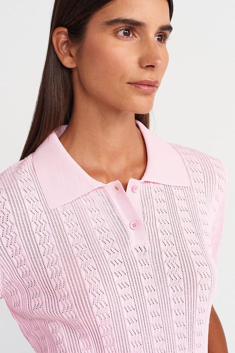 Textured Lace Knit Polo Blouse - Image 3