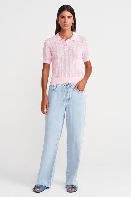 Textured Lace Knit Polo Blouse - Image 4