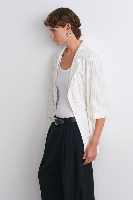 Lange Gevoerde Blazer met Gestreepte Revers - Image 3