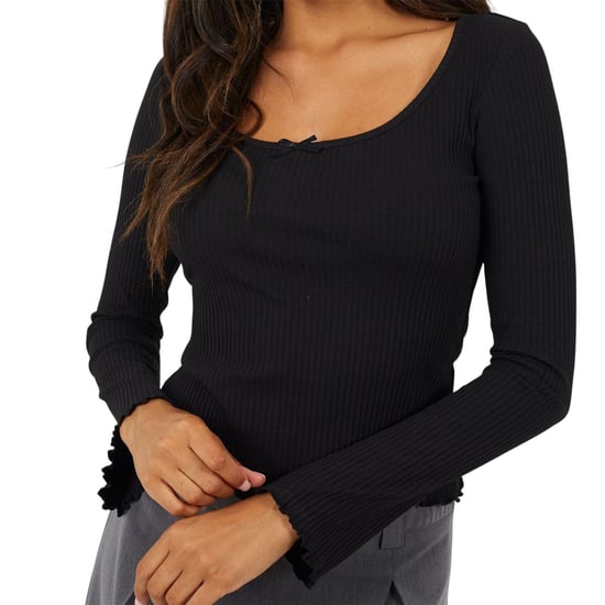 Brave Soul Womens/Ladies Ribbed Bow Detail Long-Sleeved Top (Black) - Image 3