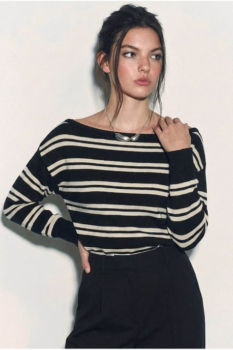 Off Shoulder Striped Ribbed Sweater - Image 1
