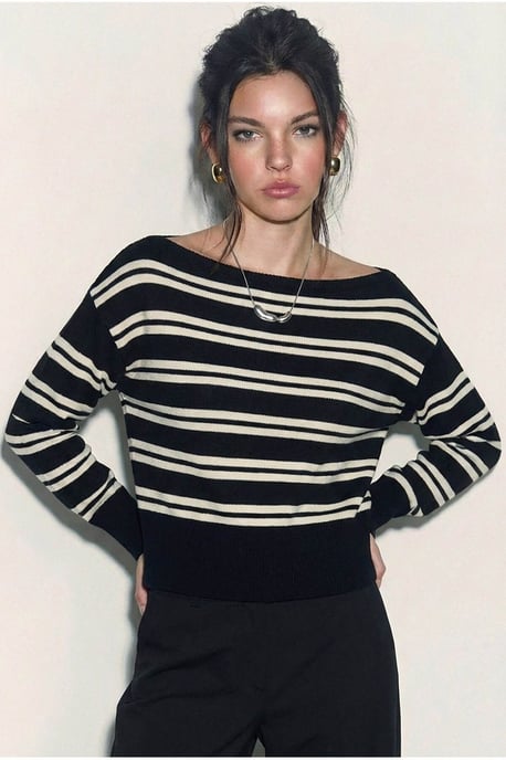 Off Shoulder Striped Ribbed Sweater - Image 2