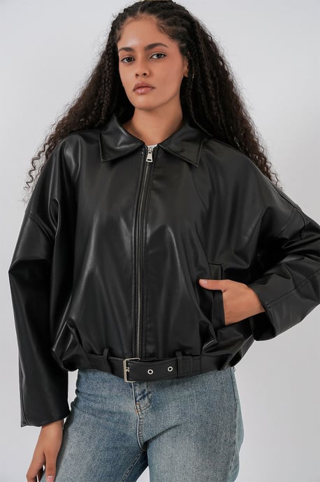 Oversized fusk läder jacka med bälte - Image 1
