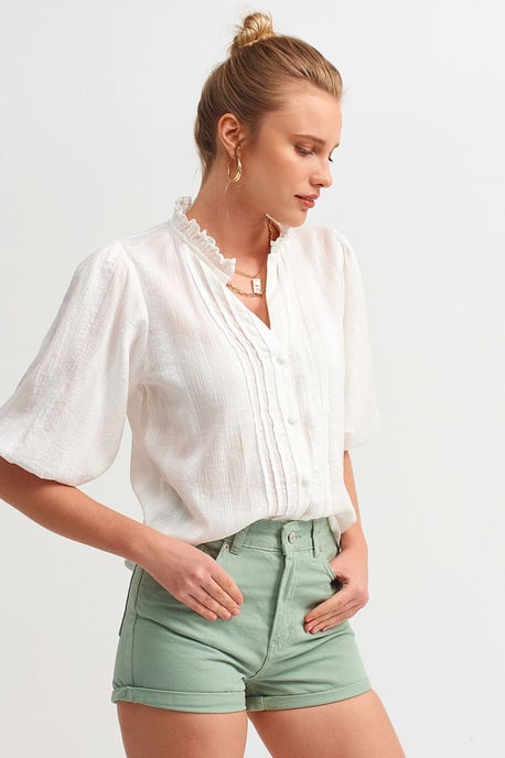 Women's Solid Mandarin Collar Woven Shirt - Image 4