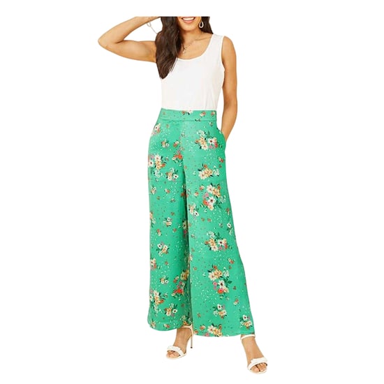 Yumi Womens/Ladies Satin Floral Wide Leg Trousers (Green) - Image 1